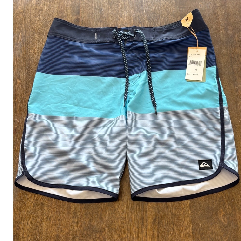 Quiksilver Mens Blue Teal Striped Board Shorts 32 AQYBS03653 Swim Trunks NWT
